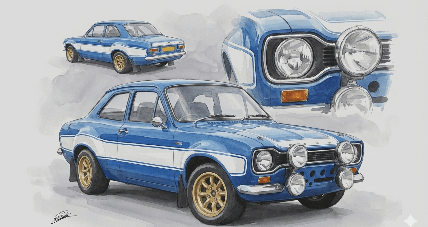 Illustration Ford Escort RS2000 bleue – patrimoine du club Duck Ford